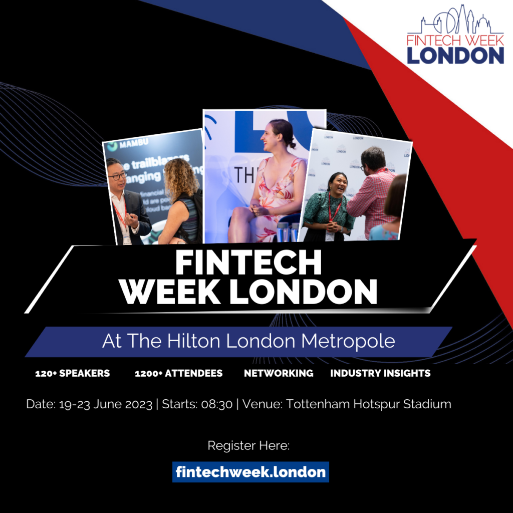 A promotional fintech event on a black background