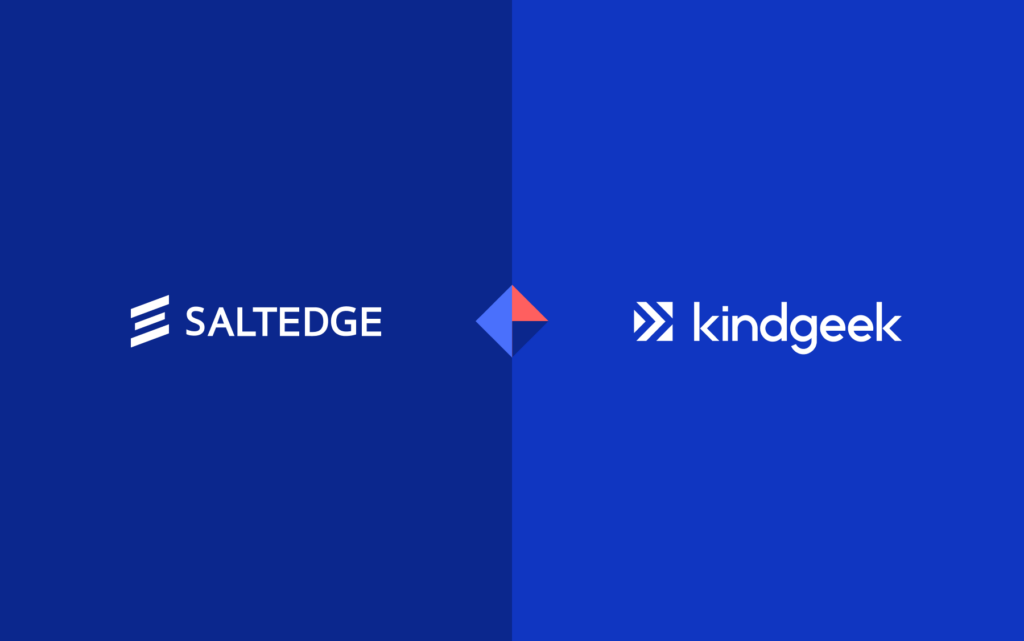 Saltedge and kingeeks logo on a blue background