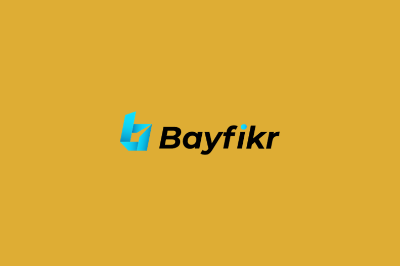 Bayfikr logo: mustard yellow background, blue stylized 'B' with geometric design, bold black 'Bayfikr' in modern sans-serif font.