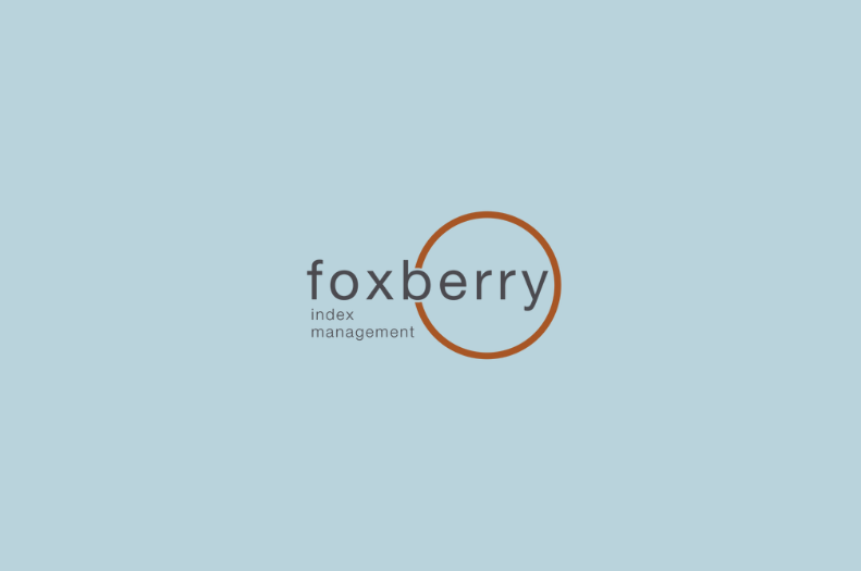 Professional logo on pale blue background: 'foxberry' in lowercase clean font, 'index management' below, encircled by thin orange ring.
