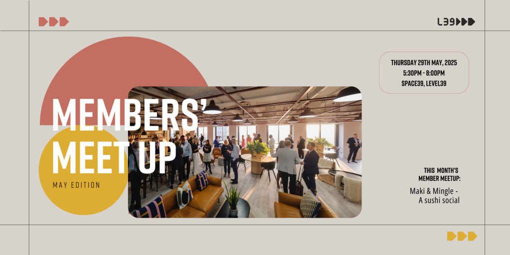 A grey graphic with pink and yellow shapes detailing the Level39 Monthly Members Meetup